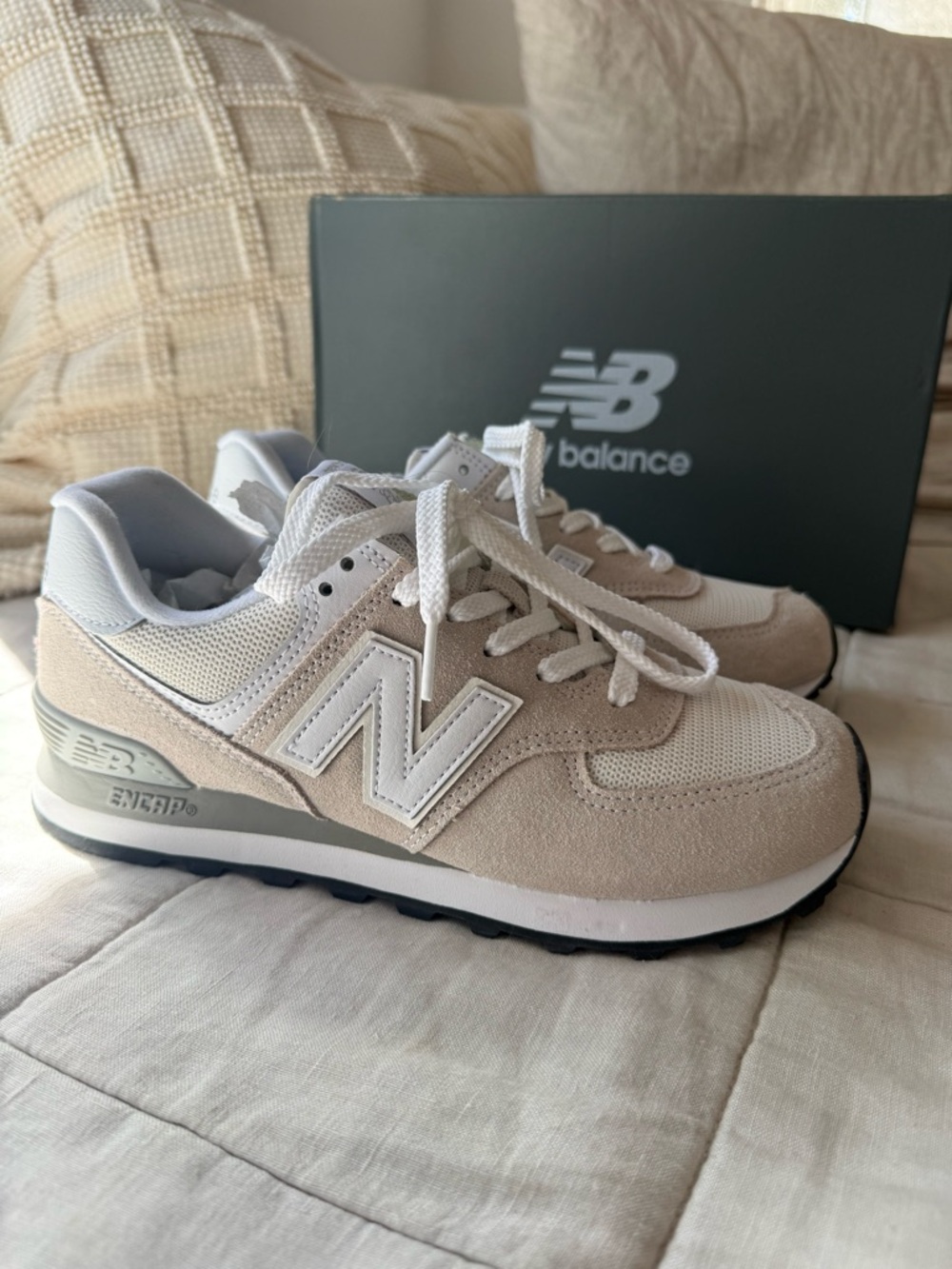 New Balance 574 Cream Beige Neutral Suede Sneaker NEW Women’s Size 8